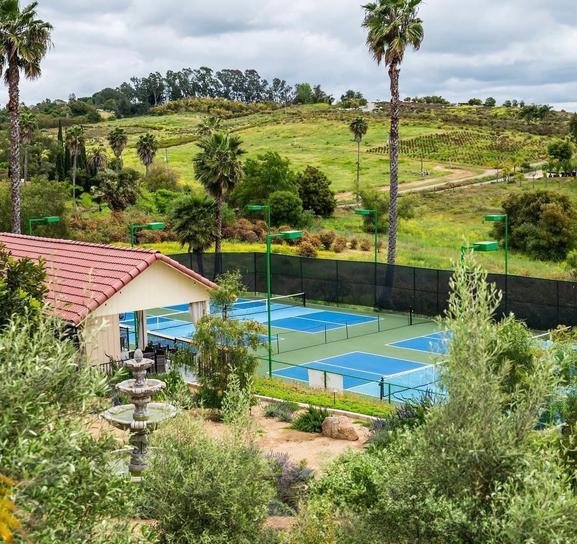 Private pickleball courts set into a green hillside, framed by palms